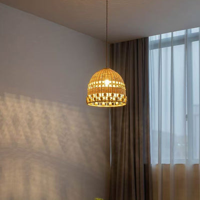 Traditional Japanese Bamboo Round 1-Light Pendant Light With Handwoven Design For Bedroom, Living Room & Dining Area