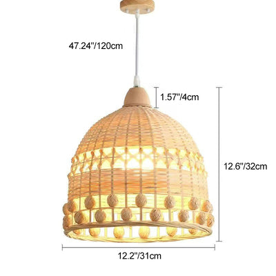 Traditional Japanese Bamboo Round 1-Light Pendant Light With Handwoven Design For Bedroom, Living Room & Dining Area