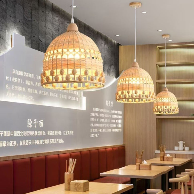 Traditional Japanese Bamboo Round 1-Light Pendant Light With Handwoven Design For Bedroom, Living Room & Dining Area
