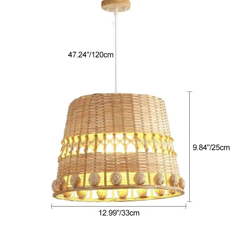 Traditional Japanese Bamboo Round 1-Light Pendant Light With Handwoven Design For Bedroom, Living Room & Dining Area