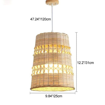 Traditional Japanese Bamboo Round 1-Light Pendant Light With Handwoven Design For Bedroom, Living Room & Dining Area