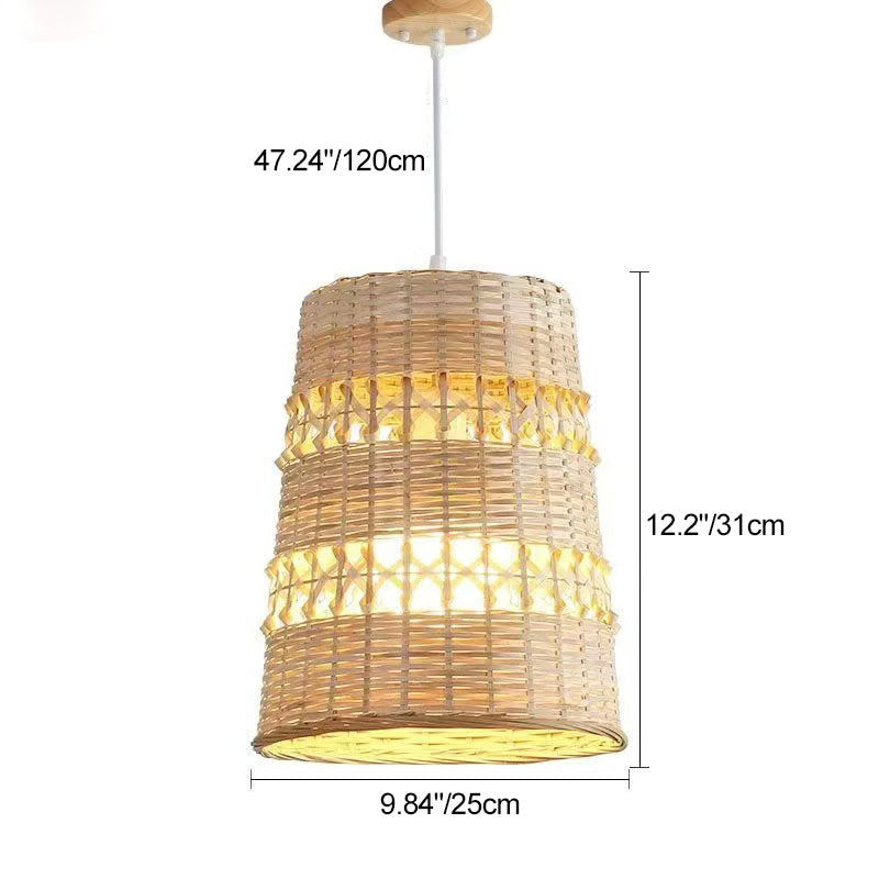 Traditional Japanese Bamboo Round 1-Light Pendant Light With Handwoven Design For Bedroom, Living Room & Dining Area