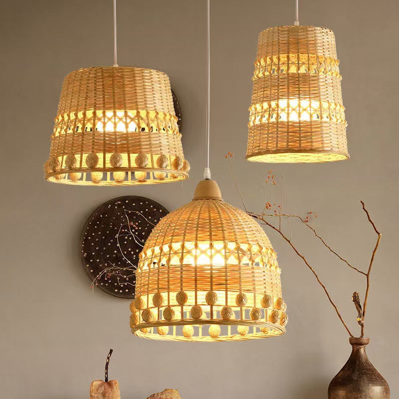Traditional Japanese Bamboo Round 1-Light Pendant Light With Handwoven Design For Bedroom, Living Room & Dining Area