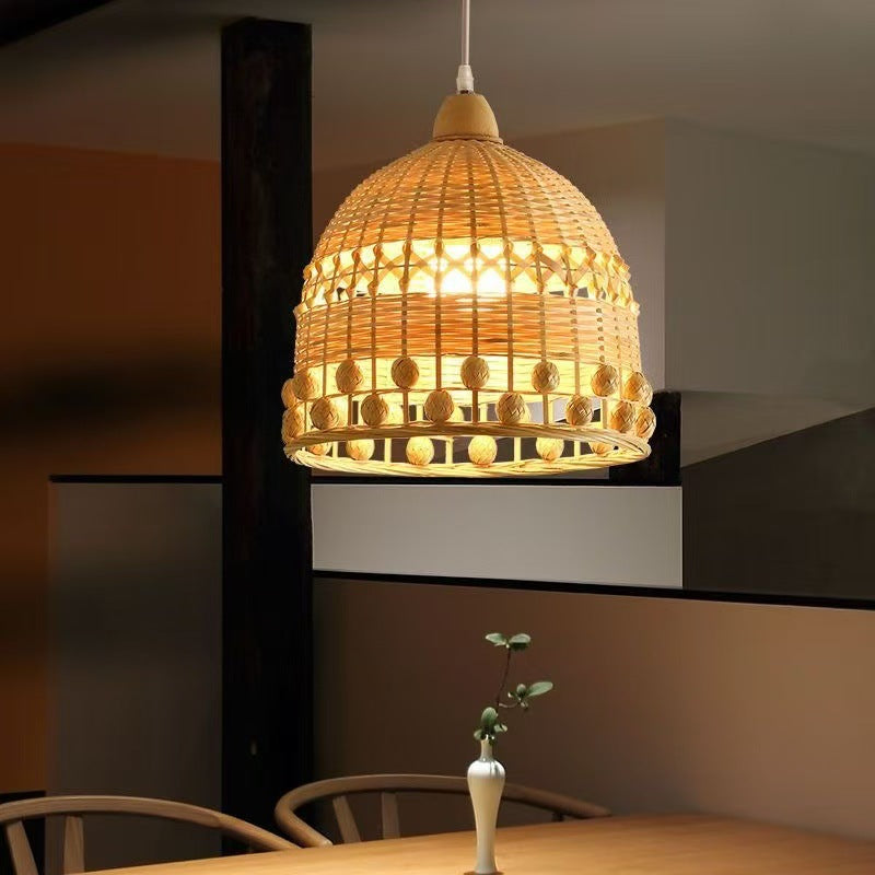 Traditional Japanese Bamboo Round 1-Light Pendant Light With Handwoven Design For Bedroom, Living Room & Dining Area