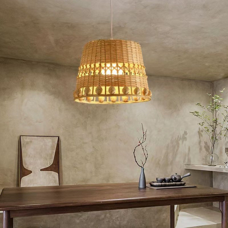 Traditional Japanese Bamboo Round 1-Light Pendant Light With Handwoven Design For Bedroom, Living Room & Dining Area