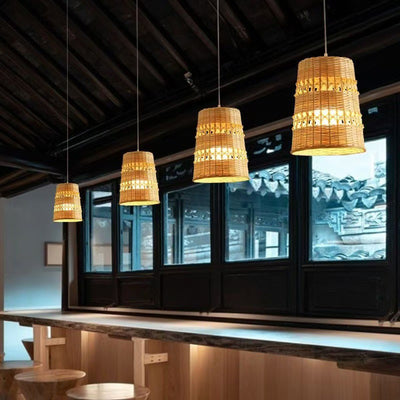 Traditional Japanese Bamboo Round 1-Light Pendant Light With Handwoven Design For Bedroom, Living Room & Dining Area