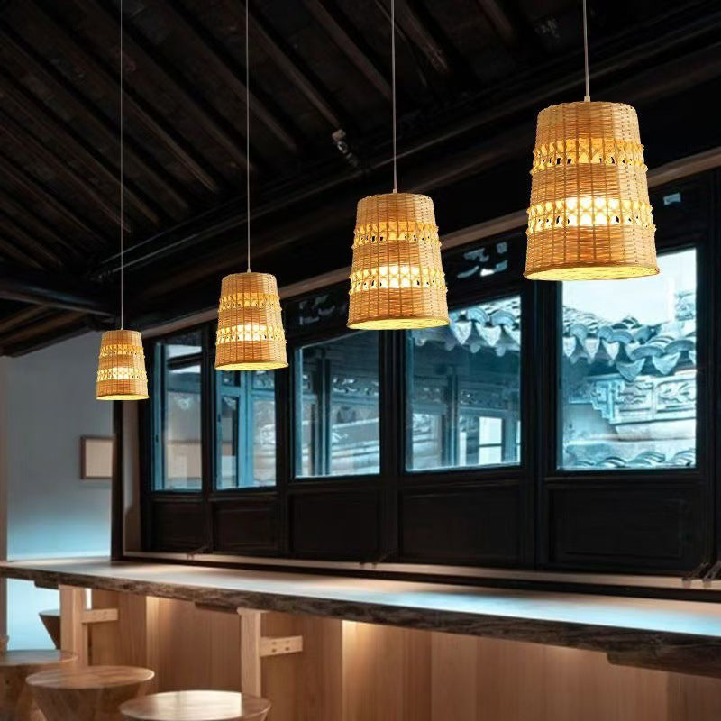 Traditional Japanese Bamboo Round 1-Light Pendant Light With Handwoven Design For Bedroom, Living Room & Dining Area