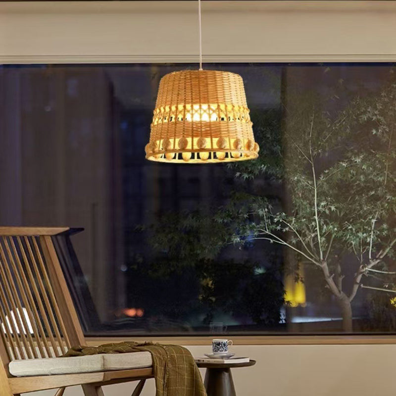 Traditional Japanese Bamboo Round 1-Light Pendant Light With Handwoven Design For Bedroom, Living Room & Dining Area