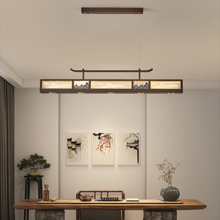 Traditioneller chinesischer Eisen-, Acryl- und Edelstahl-Rechteck-LED-Kronleuchter für Esszimmer und Wohnzimmer 