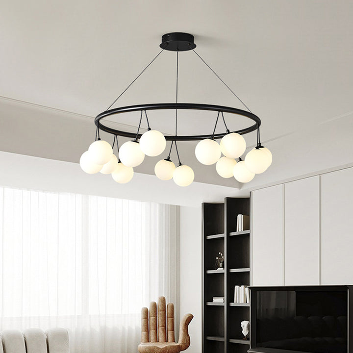 Zeitgenössischer nordischer Eisen-Glas-Ring Linearer Globus 8/10/14-Licht Kronleuchter für Esszimmer Schlafzimmer Wohnzimmer 