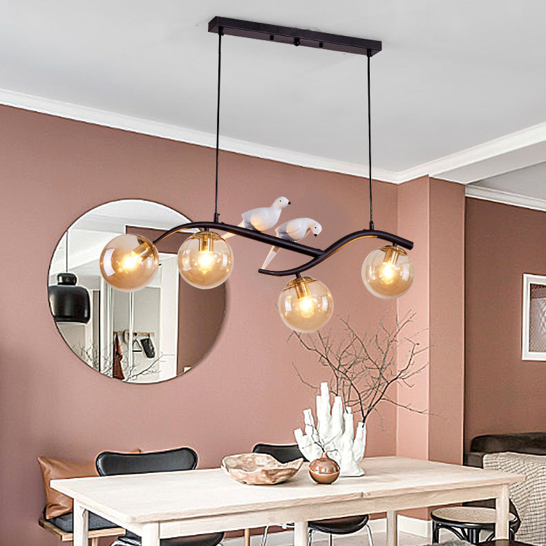 Contemporary Nordic Iron Acrylic Curved Linear Globe 4-Light Island Light Chandelier For Dining Room Bedroom Living Room