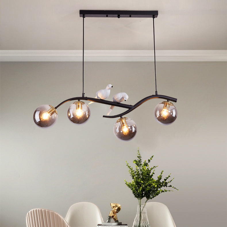 Contemporary Nordic Iron Acrylic Curved Linear Globe 4-Light Island Light Chandelier For Dining Room Bedroom Living Room