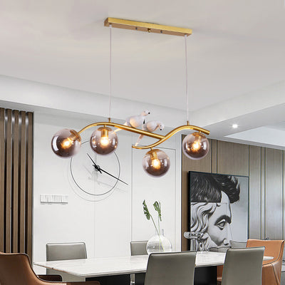 Contemporary Nordic Iron Acrylic Curved Linear Globe 4-Light Island Light Chandelier For Dining Room Bedroom Living Room