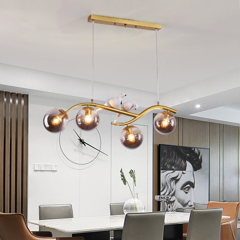 Contemporary Nordic Iron Acrylic Curved Linear Globe 4-Light Island Light Chandelier For Dining Room Bedroom Living Room