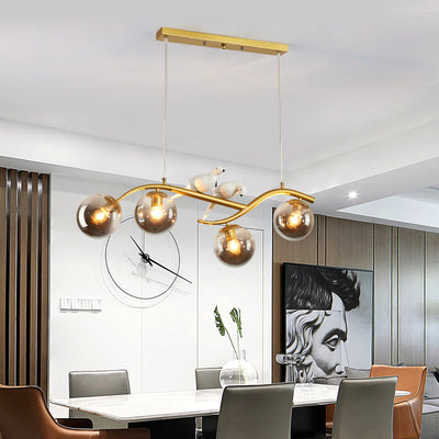 Contemporary Nordic Iron Acrylic Curved Linear Globe 4-Light Island Light Chandelier For Dining Room Bedroom Living Room