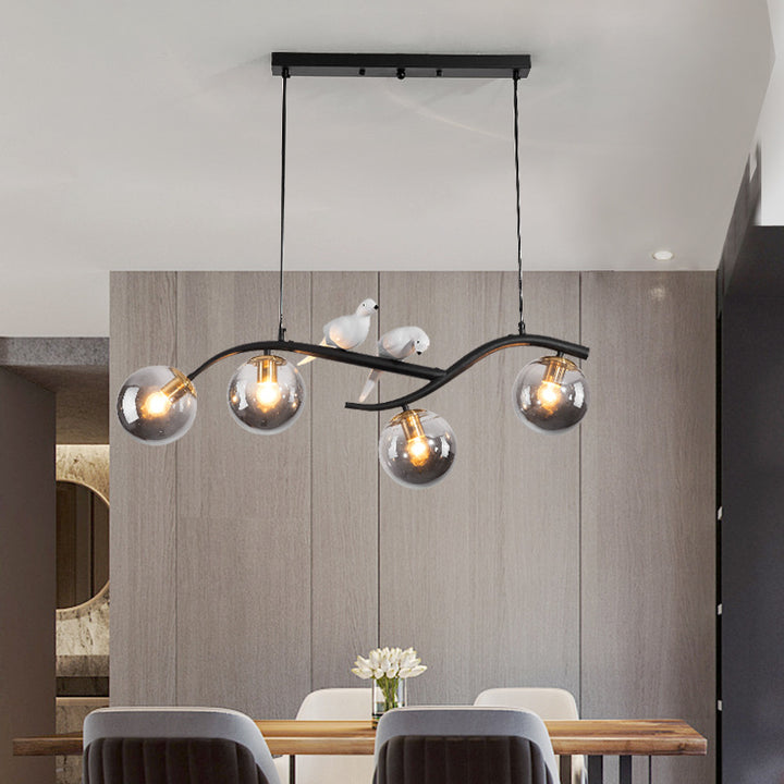 Contemporary Nordic Iron Acrylic Curved Linear Globe 4-Light Island Light Chandelier For Dining Room Bedroom Living Room