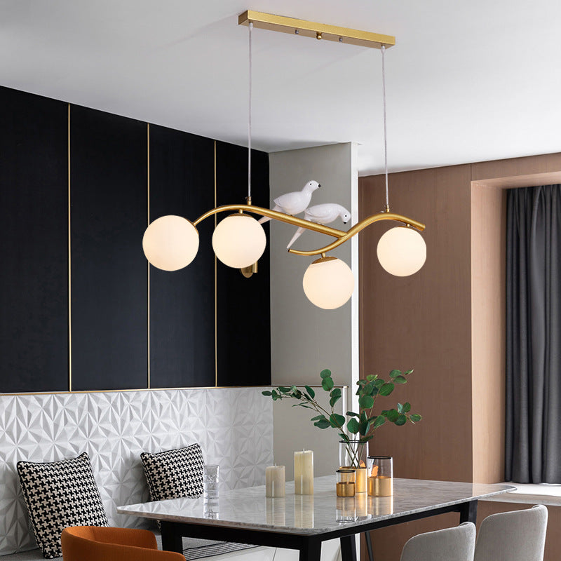 Contemporary Nordic Iron Acrylic Curved Linear Globe 4-Light Island Light Chandelier For Dining Room Bedroom Living Room