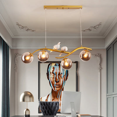 Contemporary Nordic Iron Acrylic Curved Linear Globe 4-Light Island Light Chandelier For Dining Room Bedroom Living Room