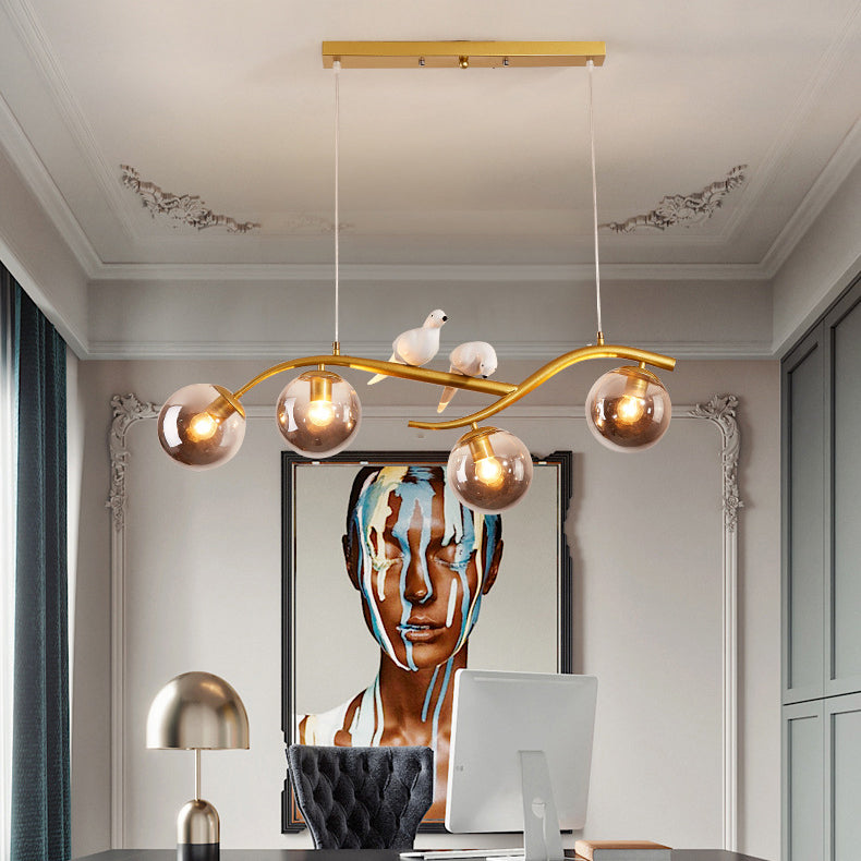 Contemporary Nordic Iron Acrylic Curved Linear Globe 4-Light Island Light Chandelier For Dining Room Bedroom Living Room