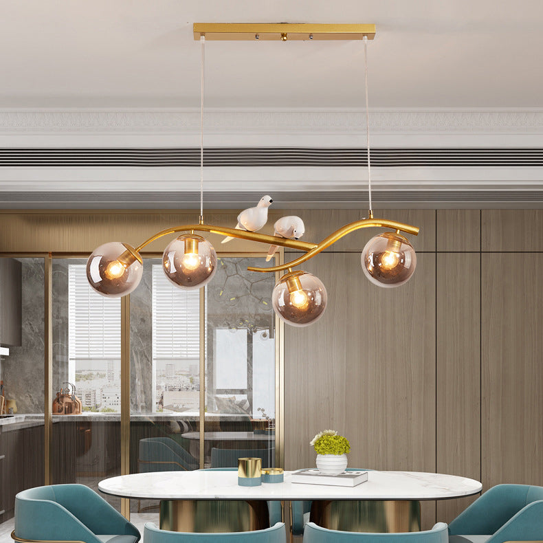 Contemporary Nordic Iron Acrylic Curved Linear Globe 4-Light Island Light Chandelier For Dining Room Bedroom Living Room