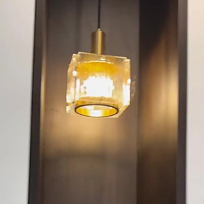 Modern Luxury Brass Glass Square 1-Light Pendant Light With Adjustable Cord For Bedroom And Living Room