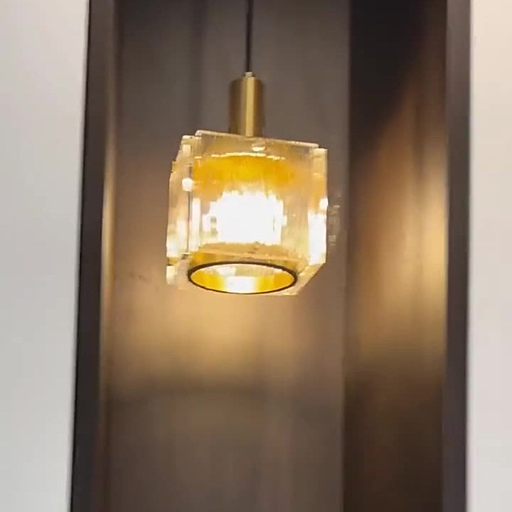 Modern Luxury Brass Glass Square 1-Light Pendant Light With Adjustable Cord For Bedroom And Living Room