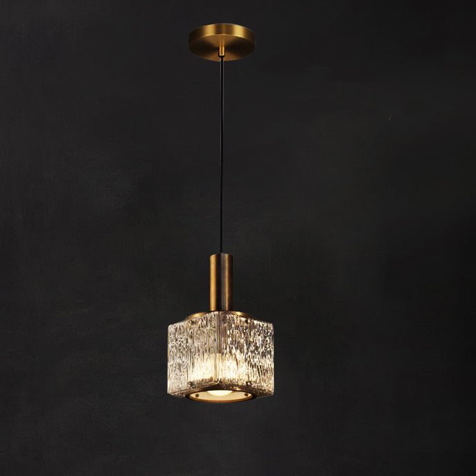 Modern Luxury Brass Glass Square 1-Light Pendant Light With Adjustable Cord For Bedroom And Living Room
