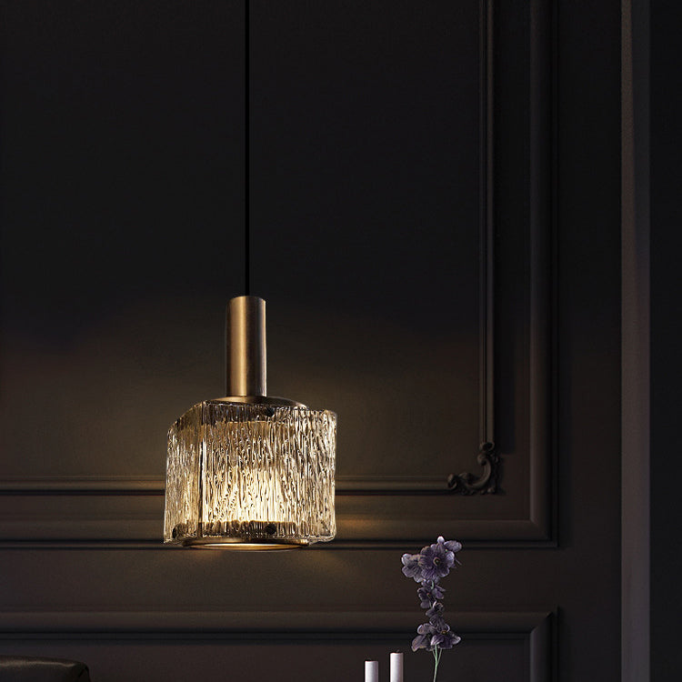 Modern Luxury Brass Glass Square 1-Light Pendant Light With Adjustable Cord For Bedroom And Living Room