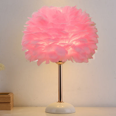 Lampe de table ronde contemporaine nordique en plume, fer et céramique à 1 lumière pour chambre et salon 