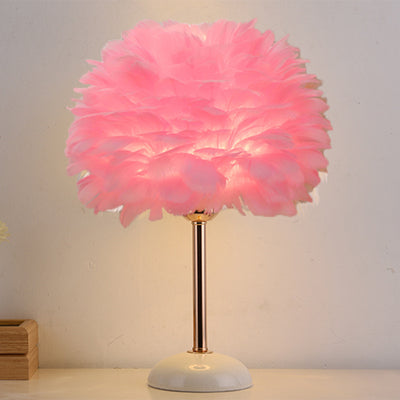 Lampe de table ronde contemporaine nordique en plume, fer et céramique à 1 lumière pour chambre et salon 