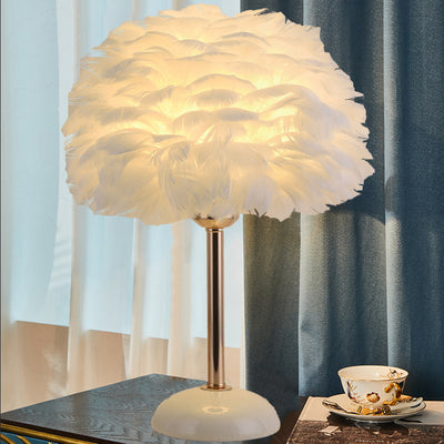 Lampe de table ronde contemporaine nordique en plume, fer et céramique à 1 lumière pour chambre et salon 