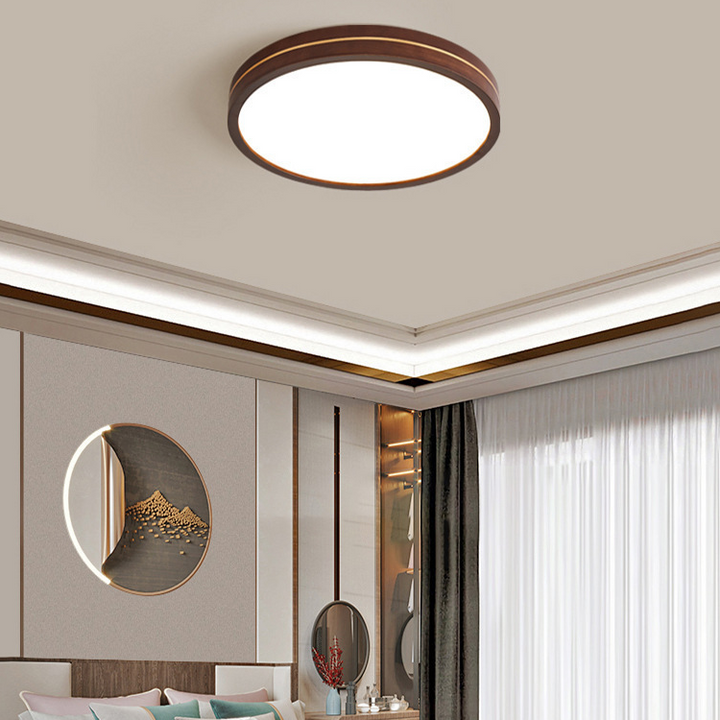 Moderne minimalistische Deckenleuchte aus Holz, Aluminium und Acryl mit rundem LED-Flush-Mount für Schlafzimmer und Wohnzimmer 