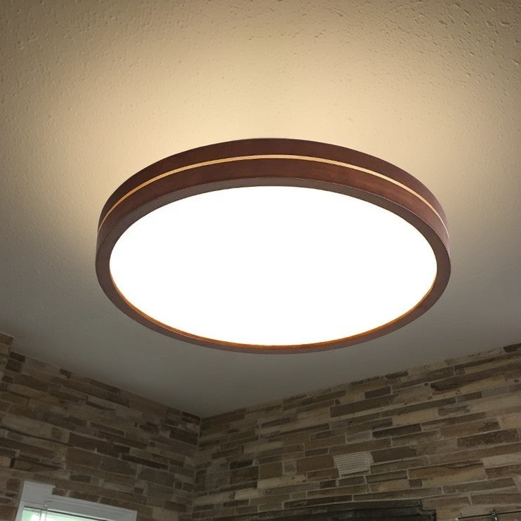 Modern Minimalist Wood, Aluminum & Acrylic Round LED Flush Mount Ceiling Light For Bedroom & Living Room