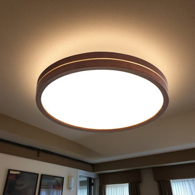 Modern Minimalist Wood, Aluminum & Acrylic Round LED Flush Mount Ceiling Light For Bedroom & Living Room