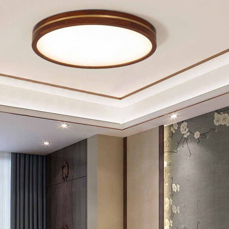 Modern Minimalist Wood, Aluminum &amp; Acrylic Round LED Flush Mount Ceiling Light For Bedroom &amp; Living Room