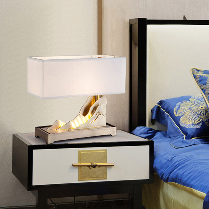Modern Art Deco Metal &amp; Fabric Rectangular 1-Light Table Lamp For Bedroom &amp; Living Room