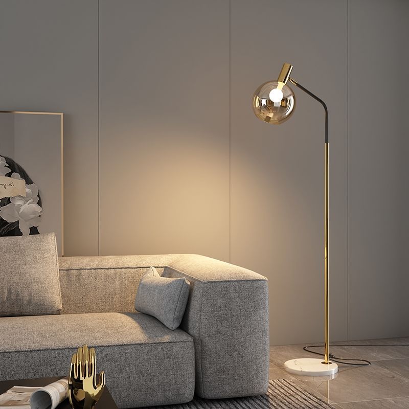 Contemporary Nordic Iron, Marble & Glass Round 1-Light Standing Floor Lamp With Adjustable Head For Living Room & Bedroom