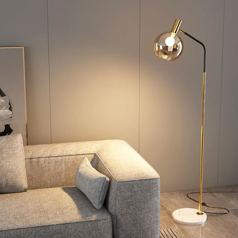 Contemporary Nordic Iron, Marble & Glass Round 1-Light Standing Floor Lamp With Adjustable Head For Living Room & Bedroom