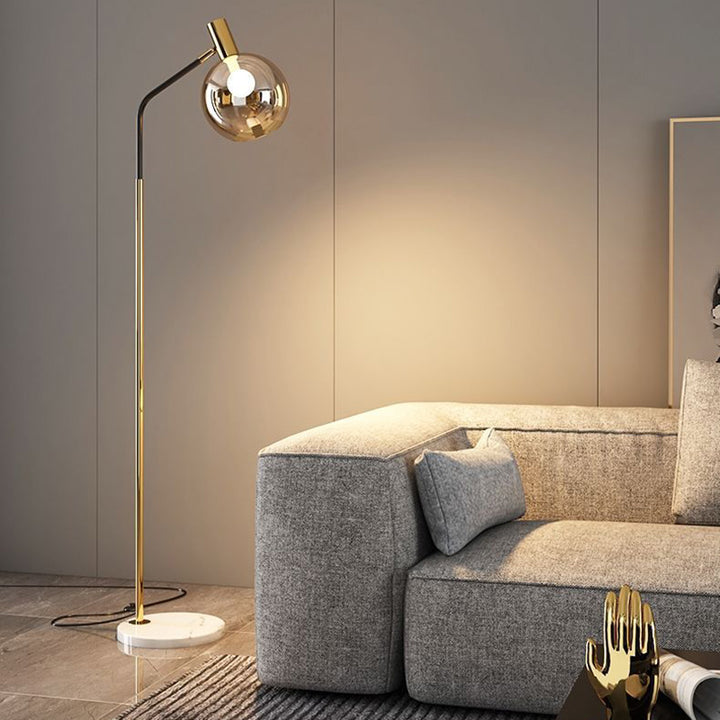 Lampe de sol contemporaine nordique en fer, marbre et verre rond à 1 lumière avec tête réglable pour salon et chambre 