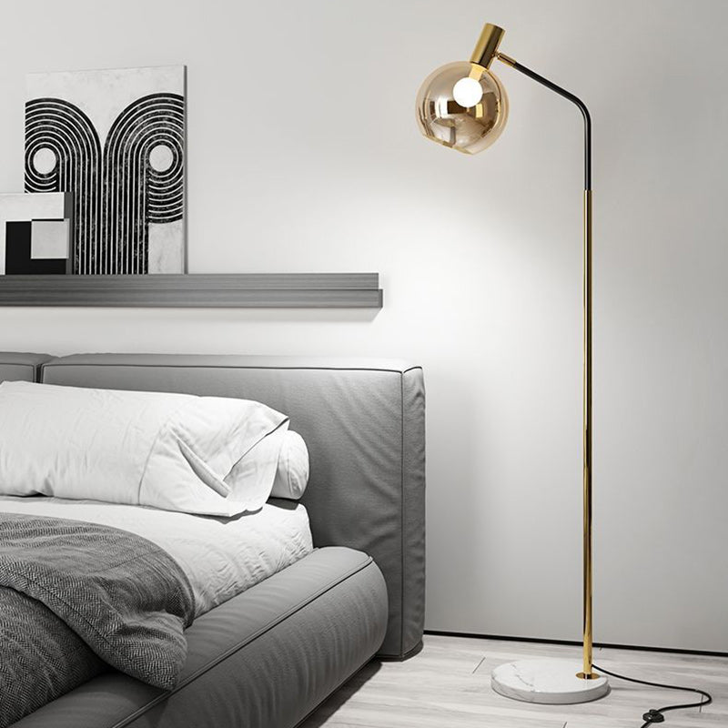 Contemporary Nordic Iron, Marble & Glass Round 1-Light Standing Floor Lamp With Adjustable Head For Living Room & Bedroom