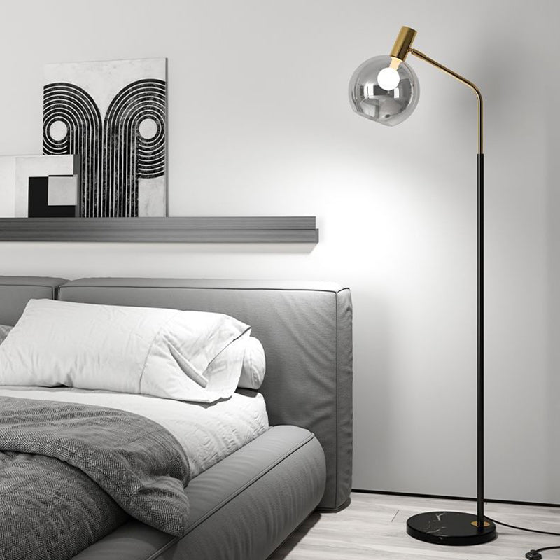 Contemporary Nordic Iron, Marble & Glass Round 1-Light Standing Floor Lamp With Adjustable Head For Living Room & Bedroom
