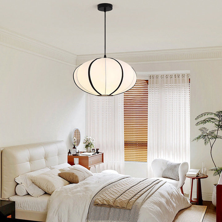Traditional Japanese Satin &amp; Metal Oval 1-Light Pendant Light For Bedroom, Dining &amp; Living Room