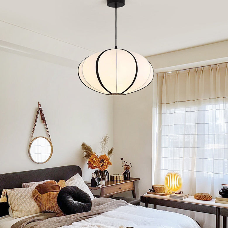 Traditional Japanese Satin & Metal Oval 1-Light Pendant Light For Bedroom, Dining & Living Room