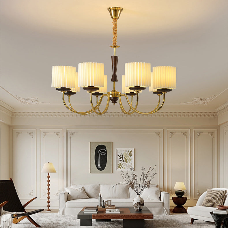 Traditional French Iron Wood Fabric Branch Cylinder Chandelier With 6/8-Light For Bedroom &amp; Living Room