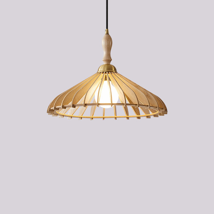Traditional Japanese Wood &amp; Brass Umbrella Cone 1-Light Pendant Light For Dining Room, Bedroom &amp; Living Room