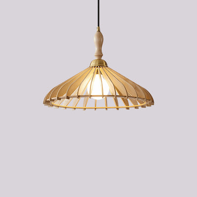 Cono de Paraguas de Madera y Latón Japonés Tradicional con 1 Luz Colgante para Comedor, Dormitorio y Sala de Estar 