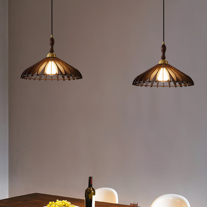 Traditional Japanese Wood &amp; Brass Umbrella Cone 1-Light Pendant Light For Dining Room, Bedroom &amp; Living Room