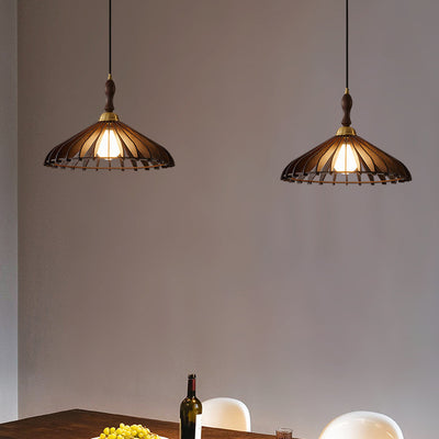 Cono de Paraguas de Madera y Latón Japonés Tradicional con 1 Luz Colgante para Comedor, Dormitorio y Sala de Estar 