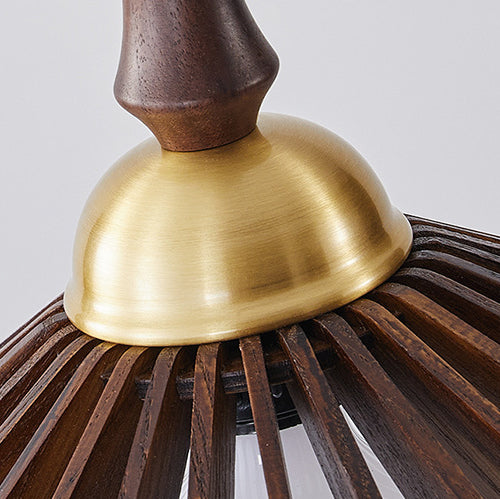Traditional Japanese Wood &amp; Brass Umbrella Cone 1-Light Pendant Light For Dining Room, Bedroom &amp; Living Room