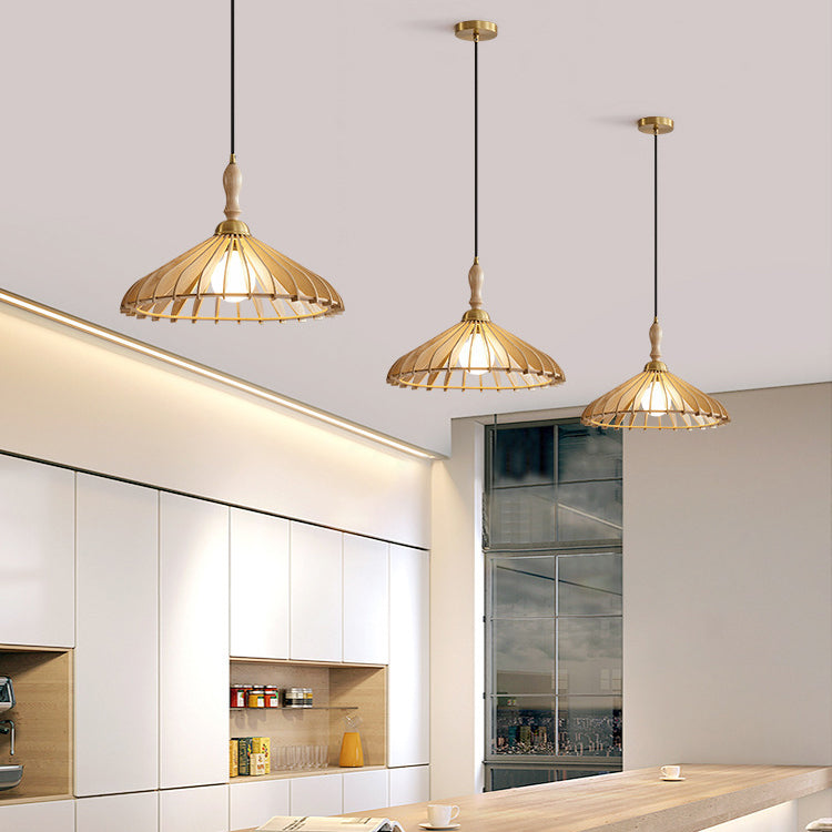 Traditional Japanese Wood &amp; Brass Umbrella Cone 1-Light Pendant Light For Dining Room, Bedroom &amp; Living Room